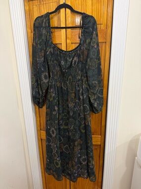 Floral Puff-Sleeve Midi Dress - Dark Green